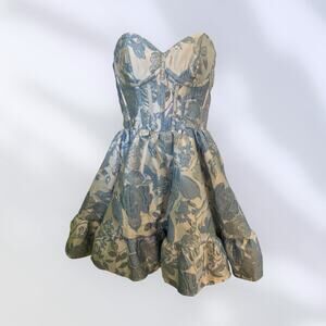 Blue & Silver Strapless Floral Jacquard Corset Mini Dress Fit & Flare